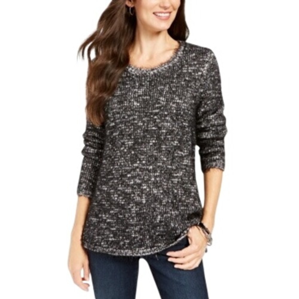 488.STYLE & COMPANY Womens New Black Printed Jewel Neck Long Sleeve Top XL
